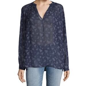 Vince. NWT Blue Calico Silk Floral Blouse Sheer Ethereal Chic Long Sleeve Sz L